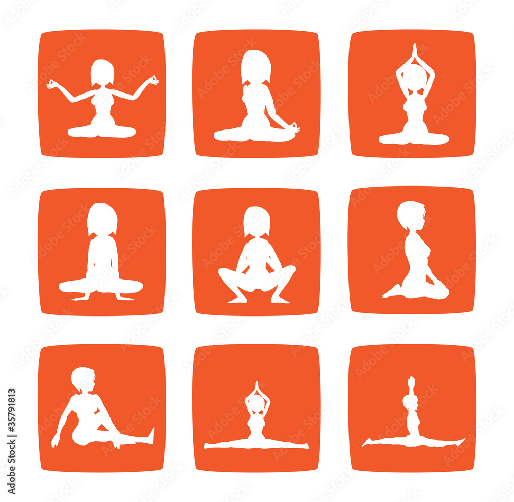 Nine icons set of girl practicing yoga postures Nine icons set of girl practicing yoga postures