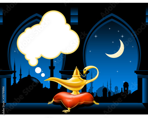 Magic lamp on the pillow and arabic city skyline