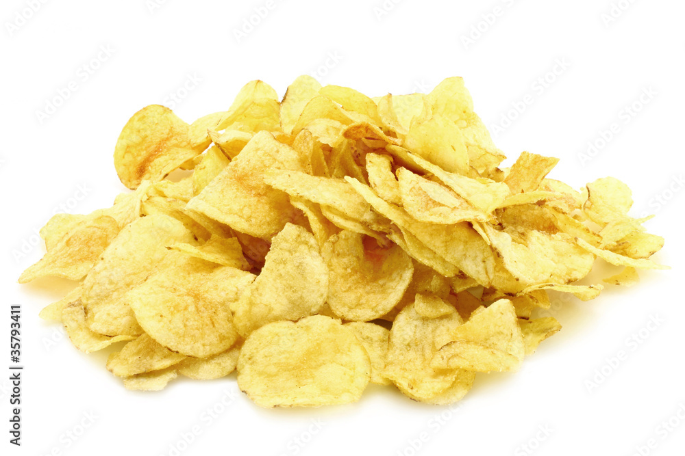 Heap of potato chips on a white background Heap of potato chips on a white background