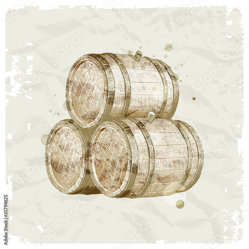 Hand drawn wooden barrels on vintage paper background