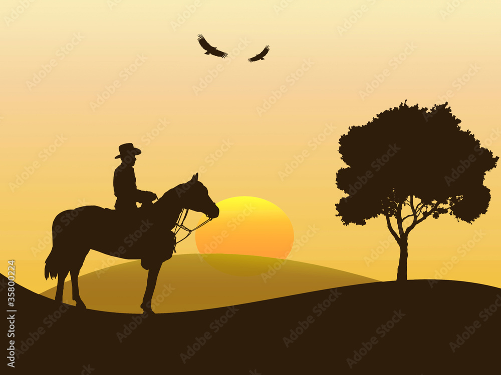 Ilustração de cowboy montado no seu cavalo