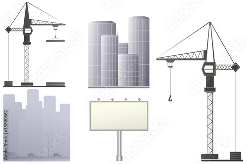 set with construction crane, billboard and skyscrapers