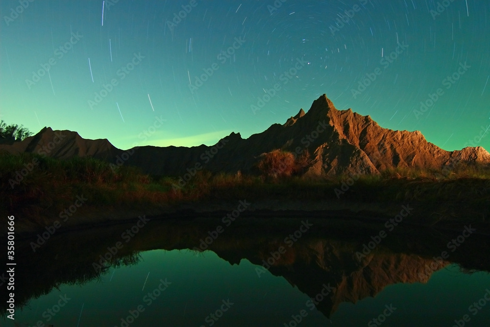 star night with mountain reflection