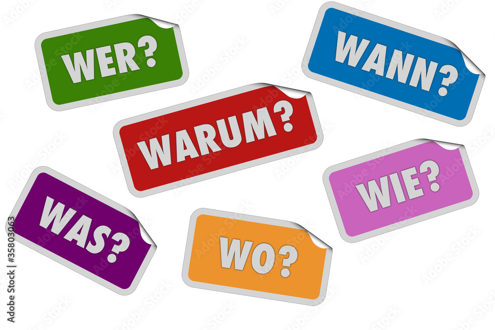 Sticker Set bunt curl oben W-Fragen Sticker Set bunt curl oben W-Fragen