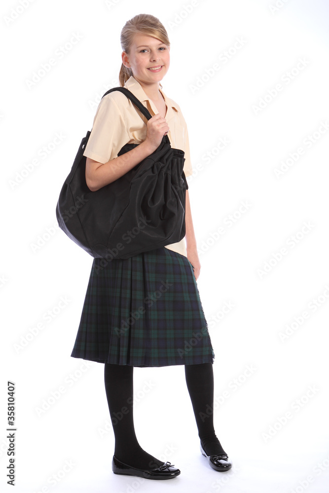 Teenage girl in school uniform and shoulder bag Teenage girl in school uniform and shoulder bag