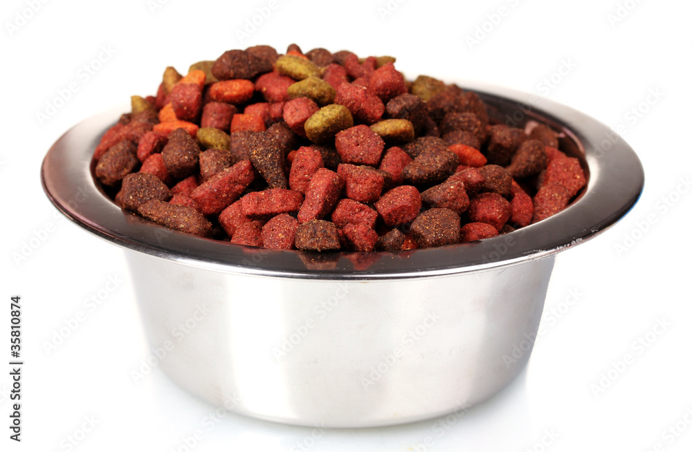 Dry cat food in bowl isolated on white Dry cat food in bowl isolated on white