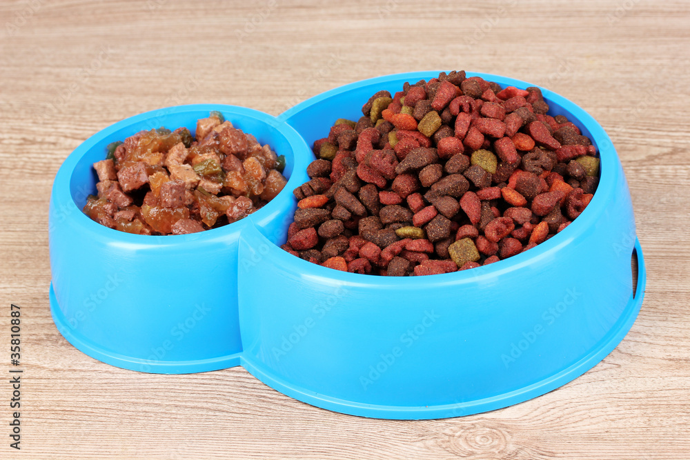 Dry cat food in bowls on wooden background Dry cat food in bowls on wooden background