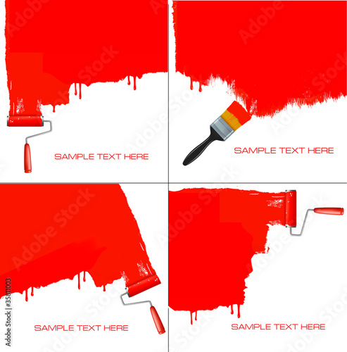 Red roller painting the white wall. Background vector.