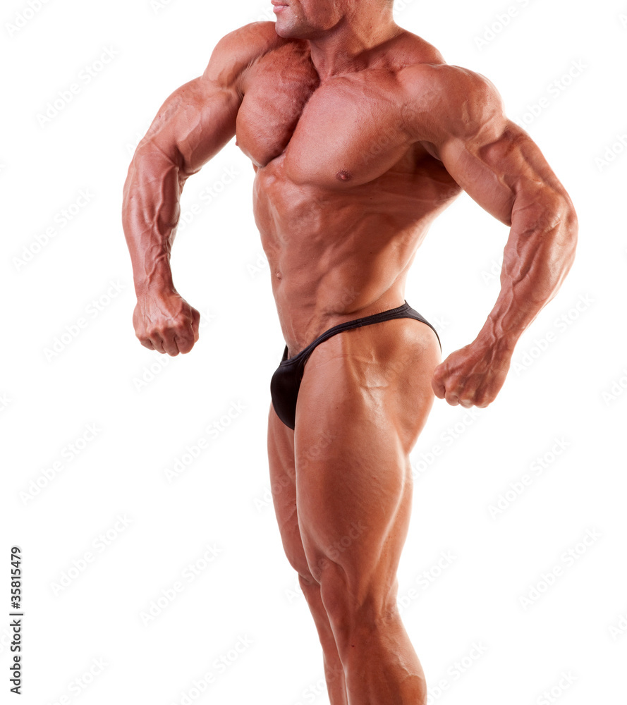 bodybuilder showing his muscles isolated on white