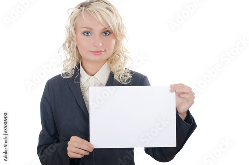 Portrait of woman holding blank billboard