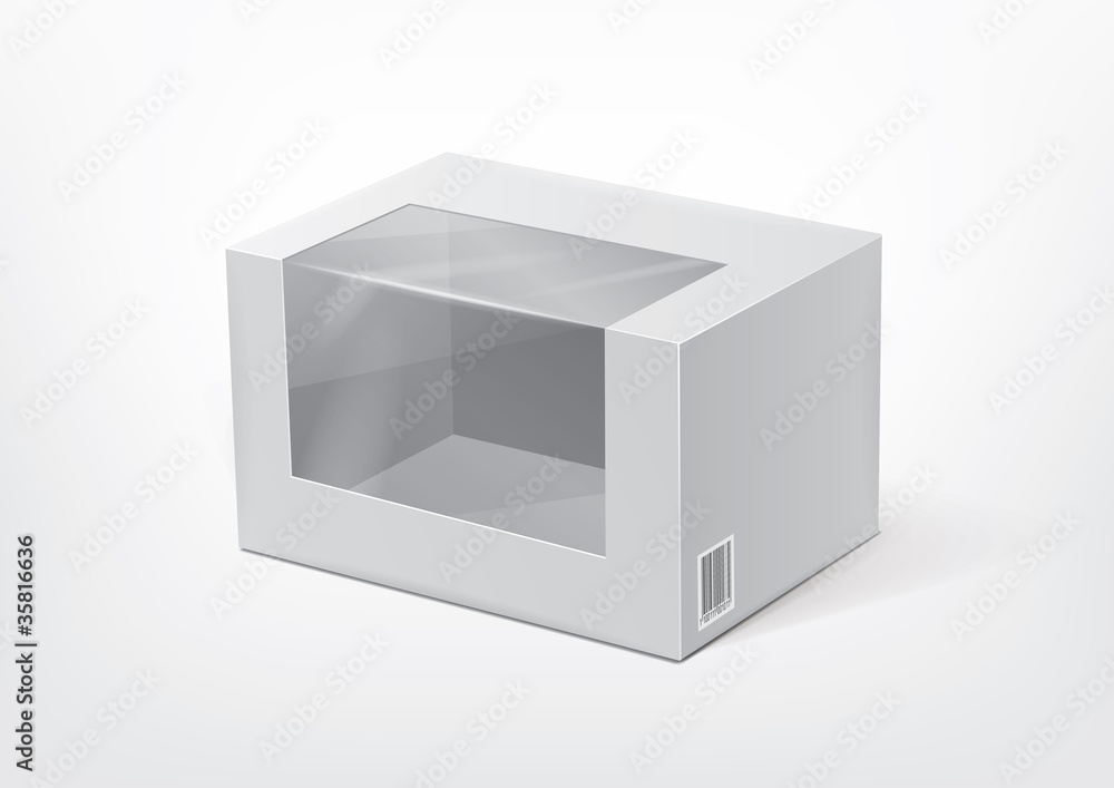 Cardboard box with a transparent plastic window for new design.