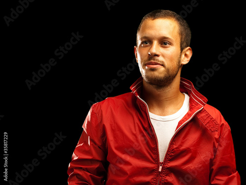 man with red jacket