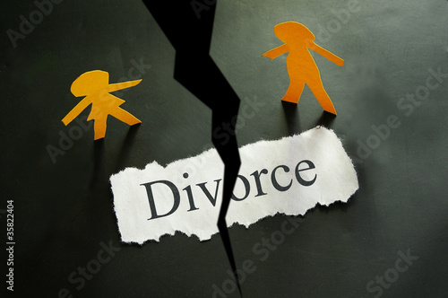 torn piece of paper with divorce text and paper couple figures photo