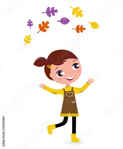 Cute Girl jugglery with autumn Leaves isolated on white..