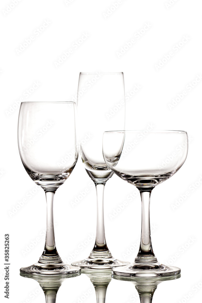 Three empty glass on white background
