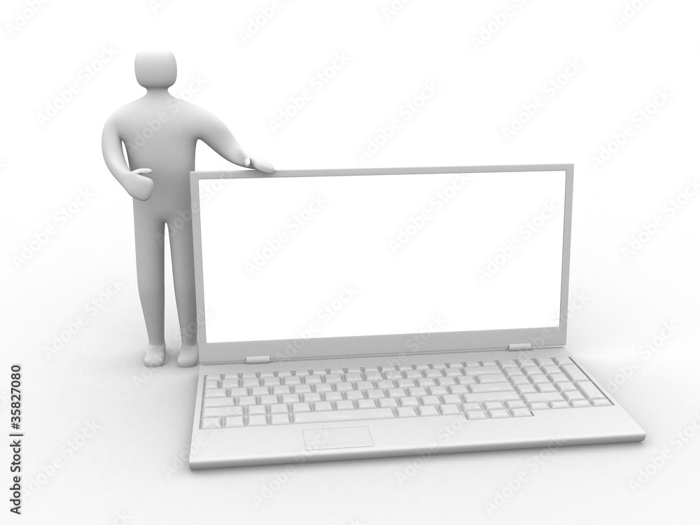 3d people human character supported by laptop 3d people human character supported by laptop