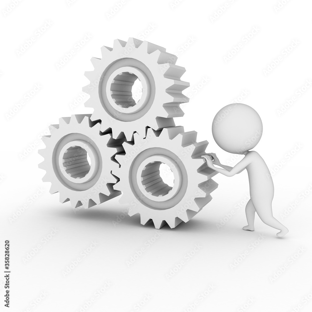 3d rendered illustration of a little white guy with some gears 3d rendered illustration of a little white guy with some gears
