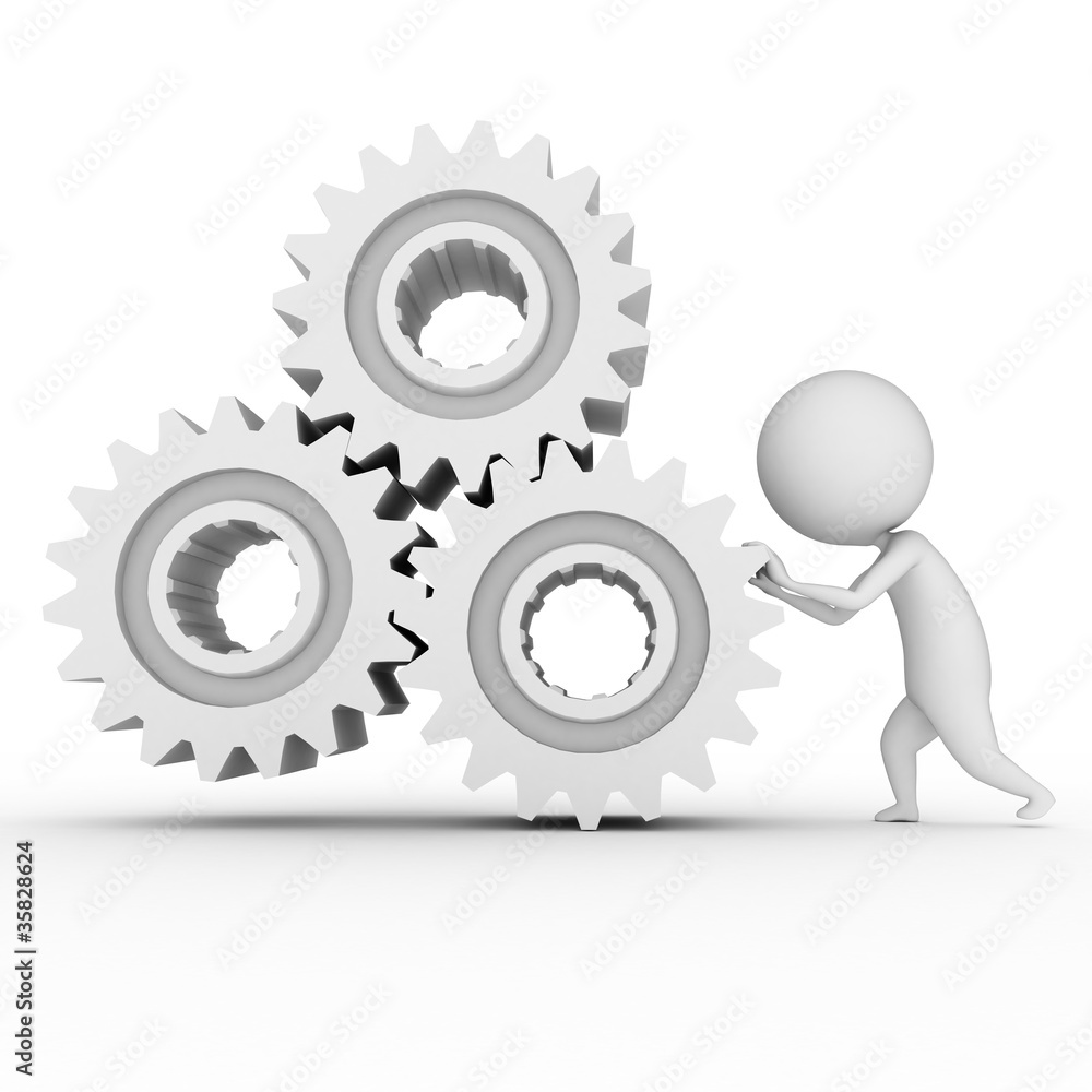 3d rendered illustration of a little white guy with some gears 3d rendered illustration of a little white guy with some gears