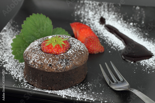 Chocolate soufflé cake on a dish