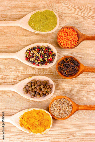 spices in the spoons on wooden background