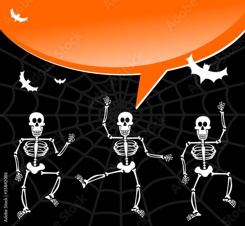 Halloween skeletons with spiderweb and bubble background