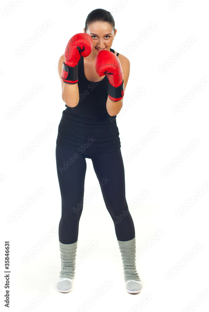 Smiling boxer woman defending