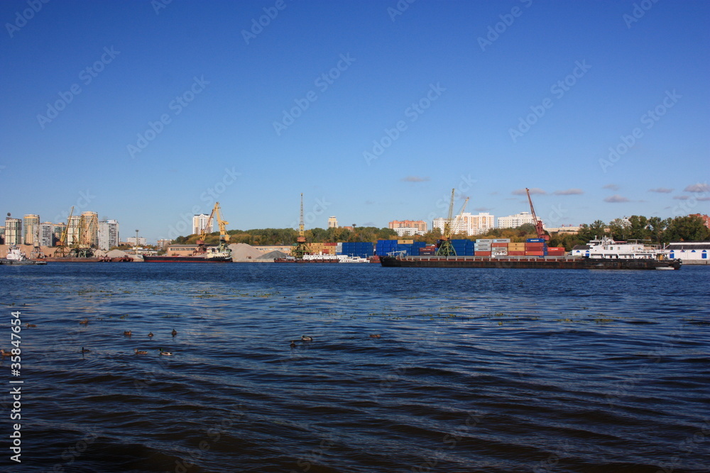 Cargo northern river port on the Moscow River.