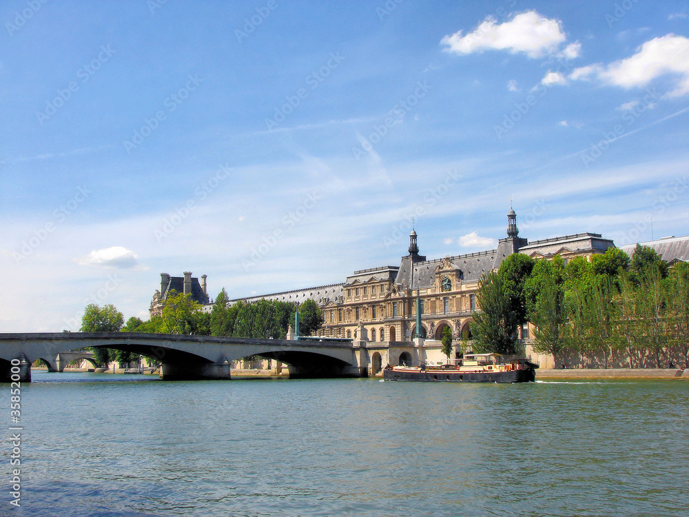 Fototapeta premium city paris and river seine with ship
