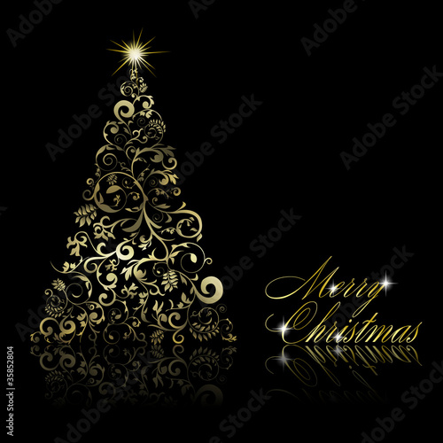 Abstract golden christmas tree with swirls and floral elements o