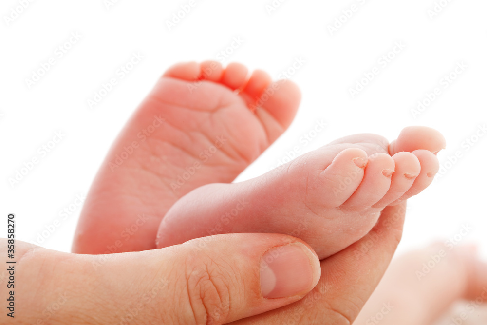 Mother holding newborn baby feet over white background Mother holding newborn baby feet over white background