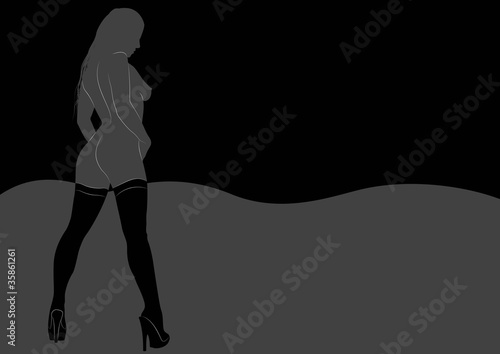 black and gray background with a woman