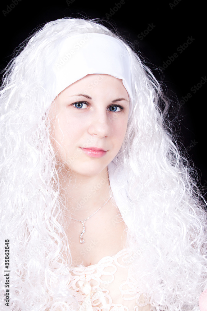 young woman in a white wig