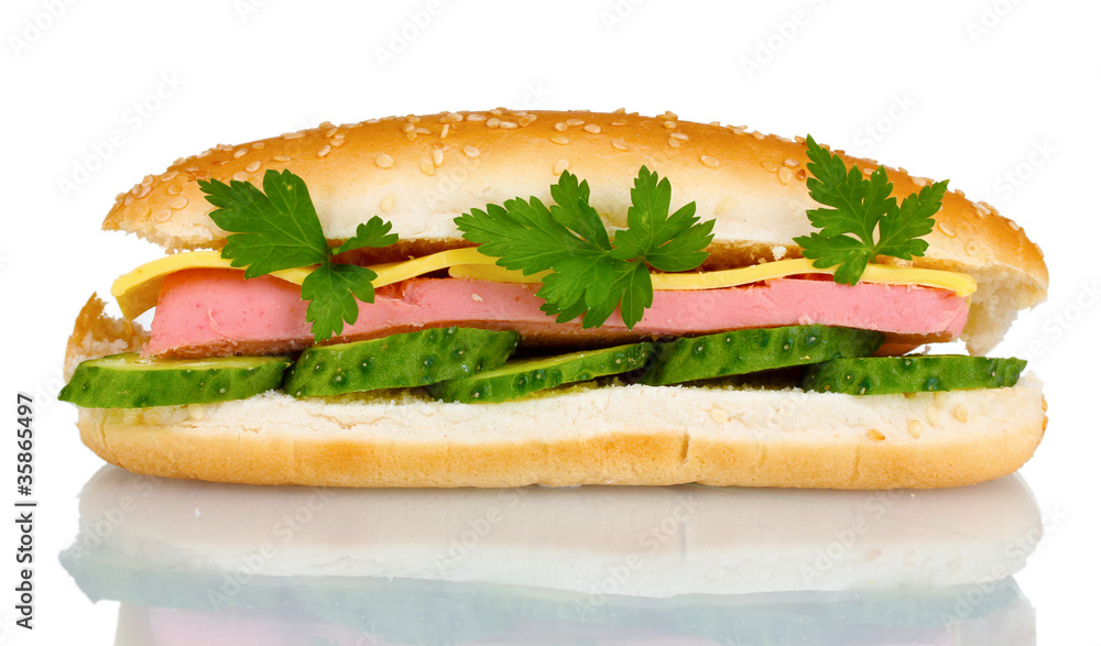 Sandwich with sausage, cheese and cucumber isolated on white Sandwich with sausage, cheese and cucumber isolated on white
