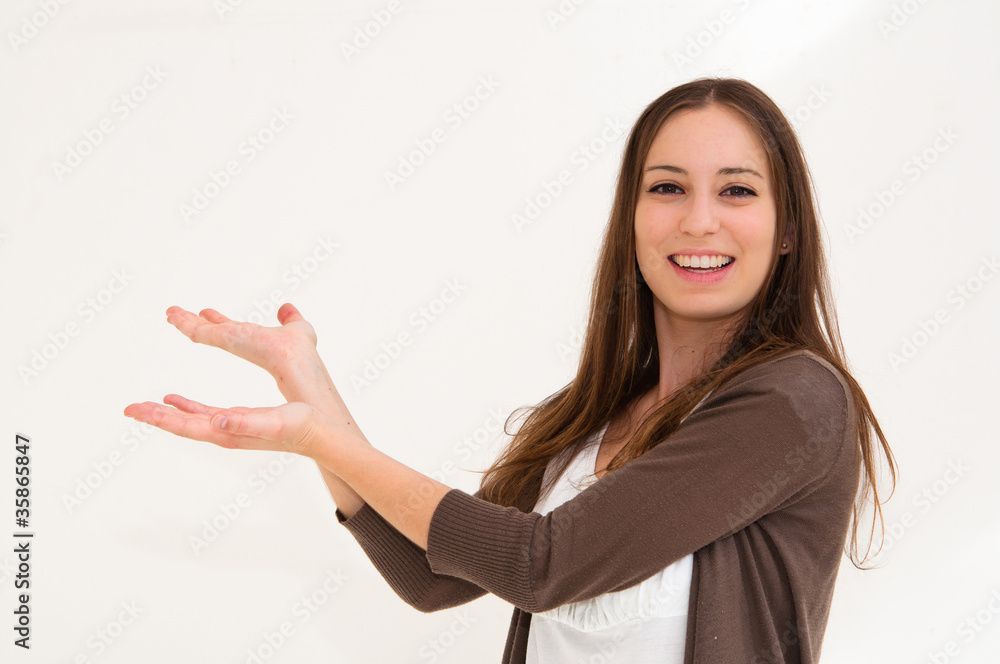 Photo of showing smiling beautiful happy woman Photo of showing smiling beautiful happy woman