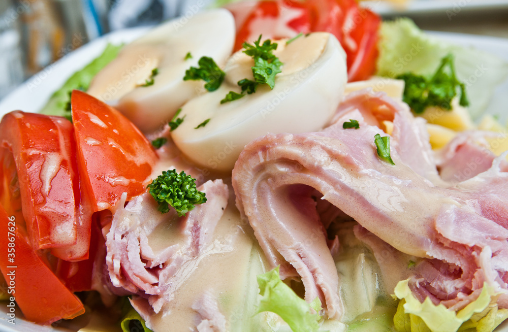Fresh fruits salad and ham with egg Fresh fruits salad and ham with egg