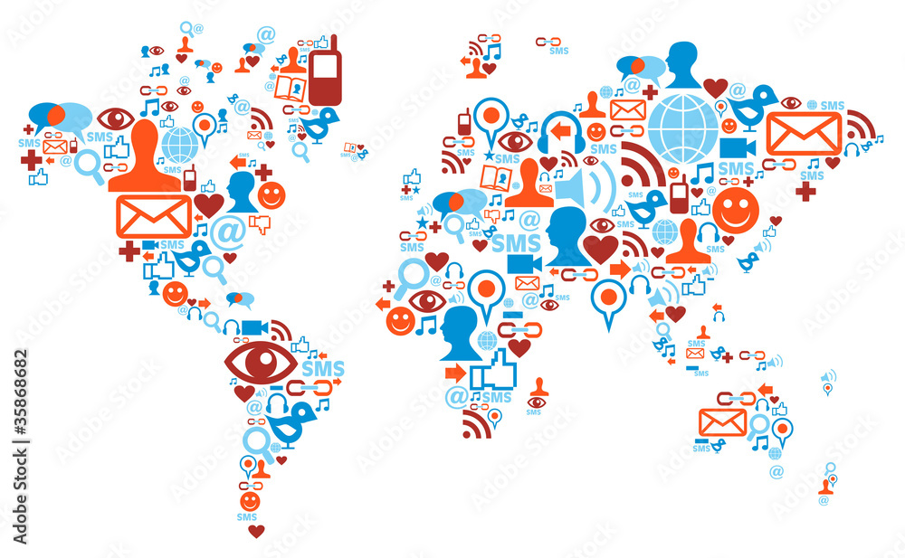 Fotografie World map shape made with social media icons