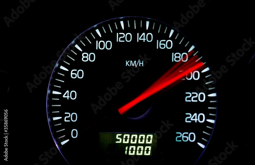 Speedometer at high speed with red index and odometer