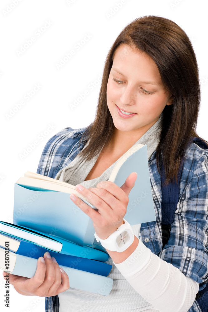 Student teenager girl with schoolbag read books Student teenager girl with schoolbag read books