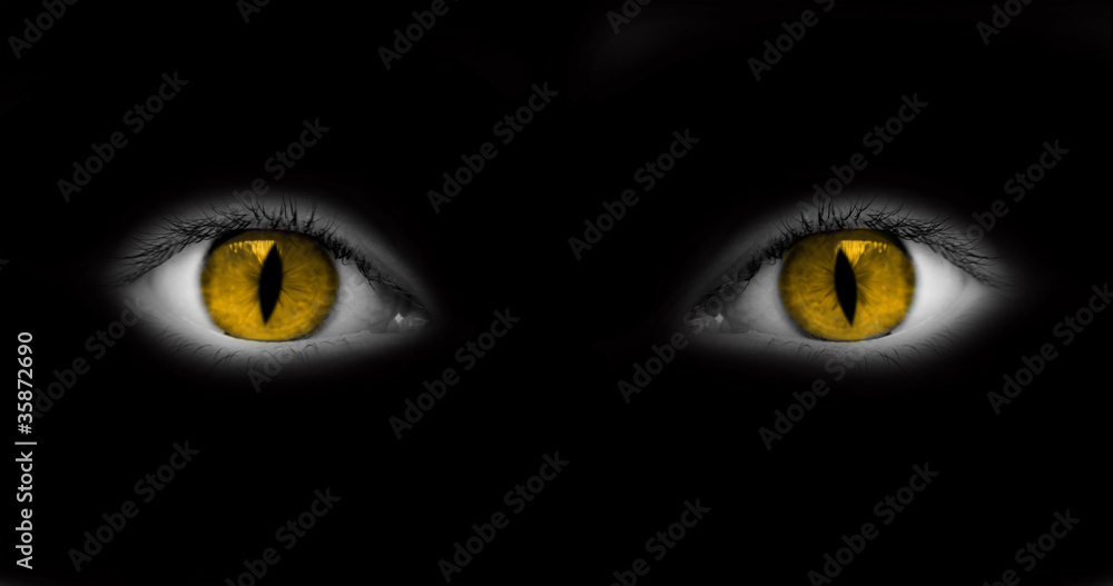 Yeux jaunes catwoman, oeil mi femme mi chat, arrière-plan fond noir,  regard effrayant et mystérieux, Halloween
