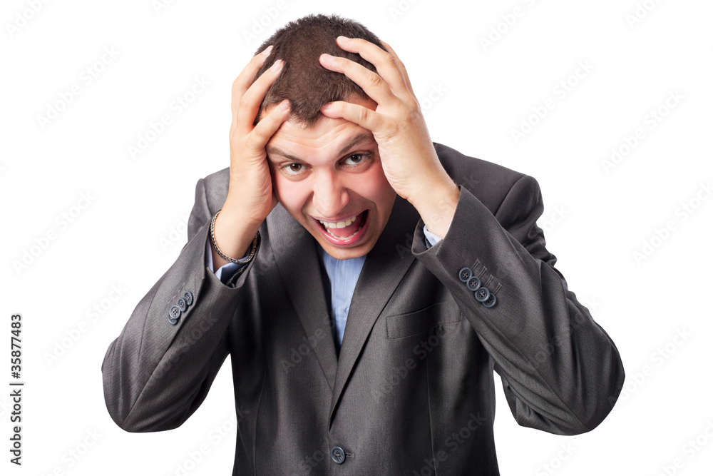young businessman shouts and keeps hands for head isolated o young businessman shouts and keeps hands for head isolated o