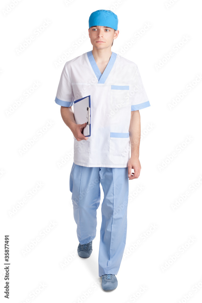 young medical doctor in movement with a hand clipboard isolated young medical doctor in movement with a hand clipboard isolated