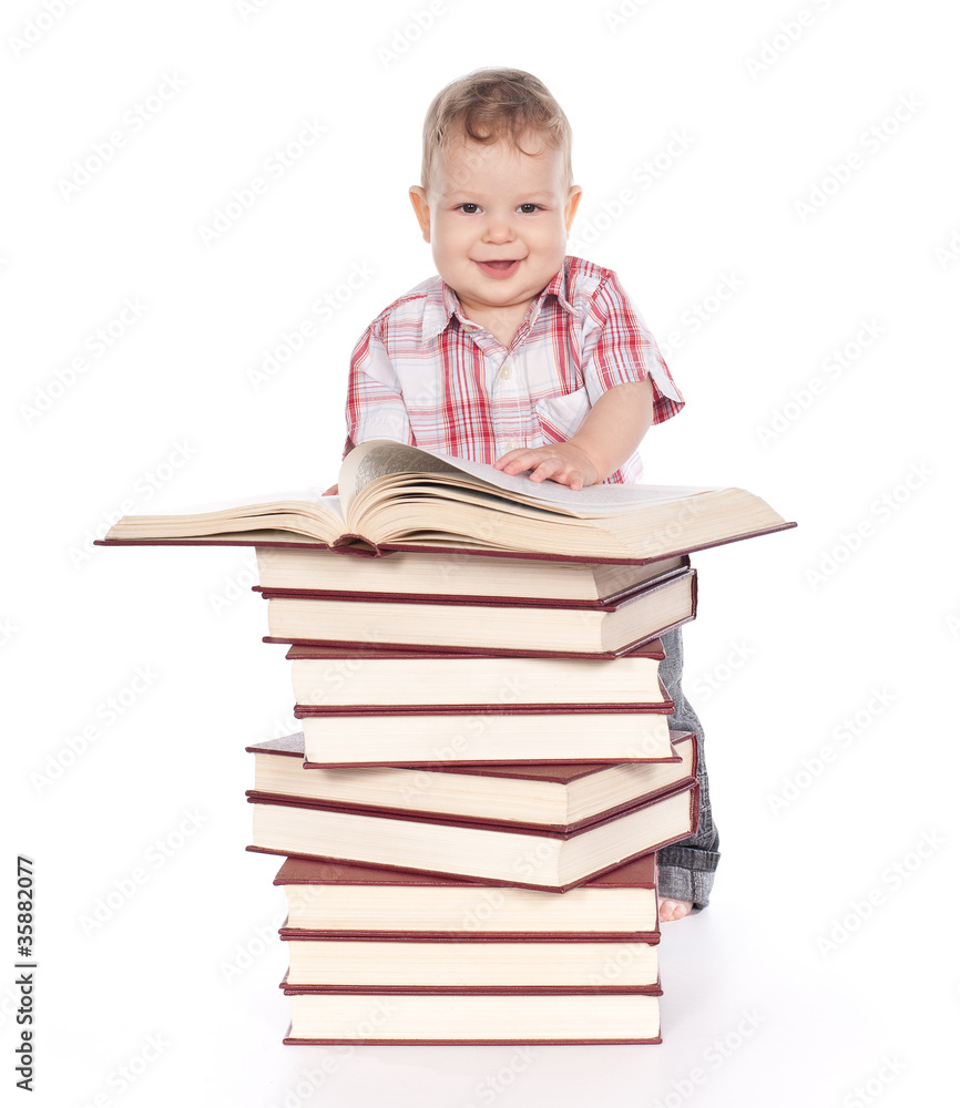 cute baby boy with many books isolated on white cute baby boy with many books isolated on white