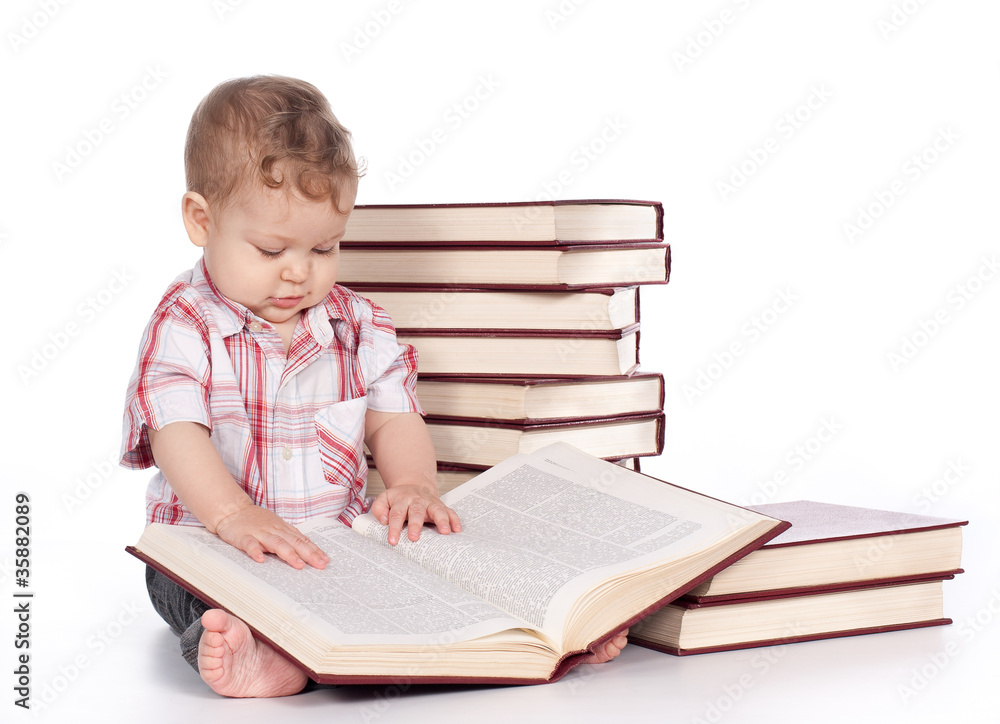 cute baby boy with many books isolated on white cute baby boy with many books isolated on white