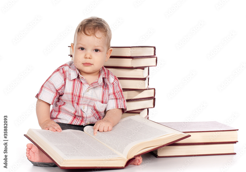 cute baby boy with many books isolated on white cute baby boy with many books isolated on white