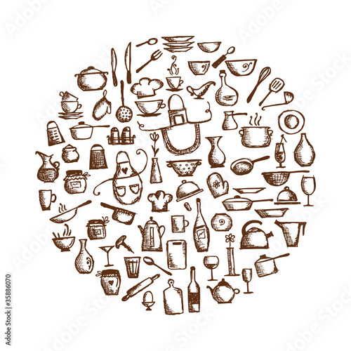 Kitchen utensils, sketch drawing for your design