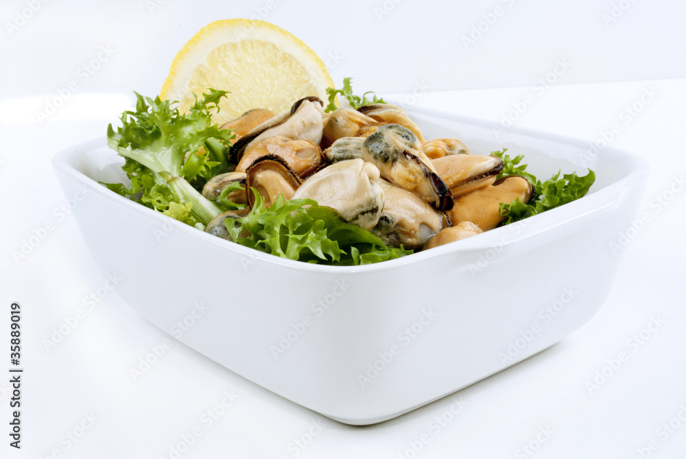 Gekochte Muscheln mit Zitrone auf frischem Salat in einer weiße Gekochte Muscheln mit Zitrone auf frischem Salat in einer weiße