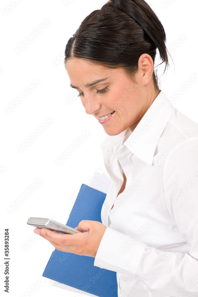 Smiling businesswoman attractive hold phone Smiling businesswoman attractive hold phone