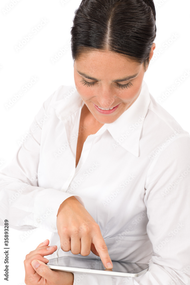 Businesswoman pretty hold touch tablet computer Businesswoman pretty hold touch tablet computer