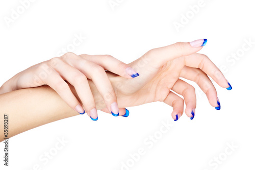 hands with blue french manicure