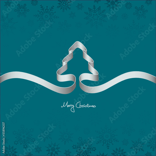 Silver Ribbon Christmas Tree & Snowflakes Turquoise
